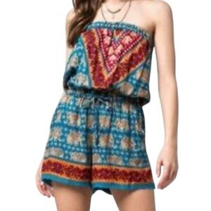 Angie Strapless Boho Elephant Print Blue Shorts Romper size Large